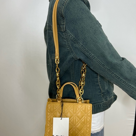Zara Womens Shoulder Bag Quilt Mustard Yellow Mini Tote Crossbody Bag Purse New - Picture 3 of 15